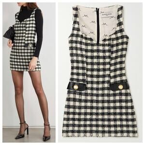 Rowen Rose Houndstooth Tweed Faux Leather Trimmed Mini Dress in Black